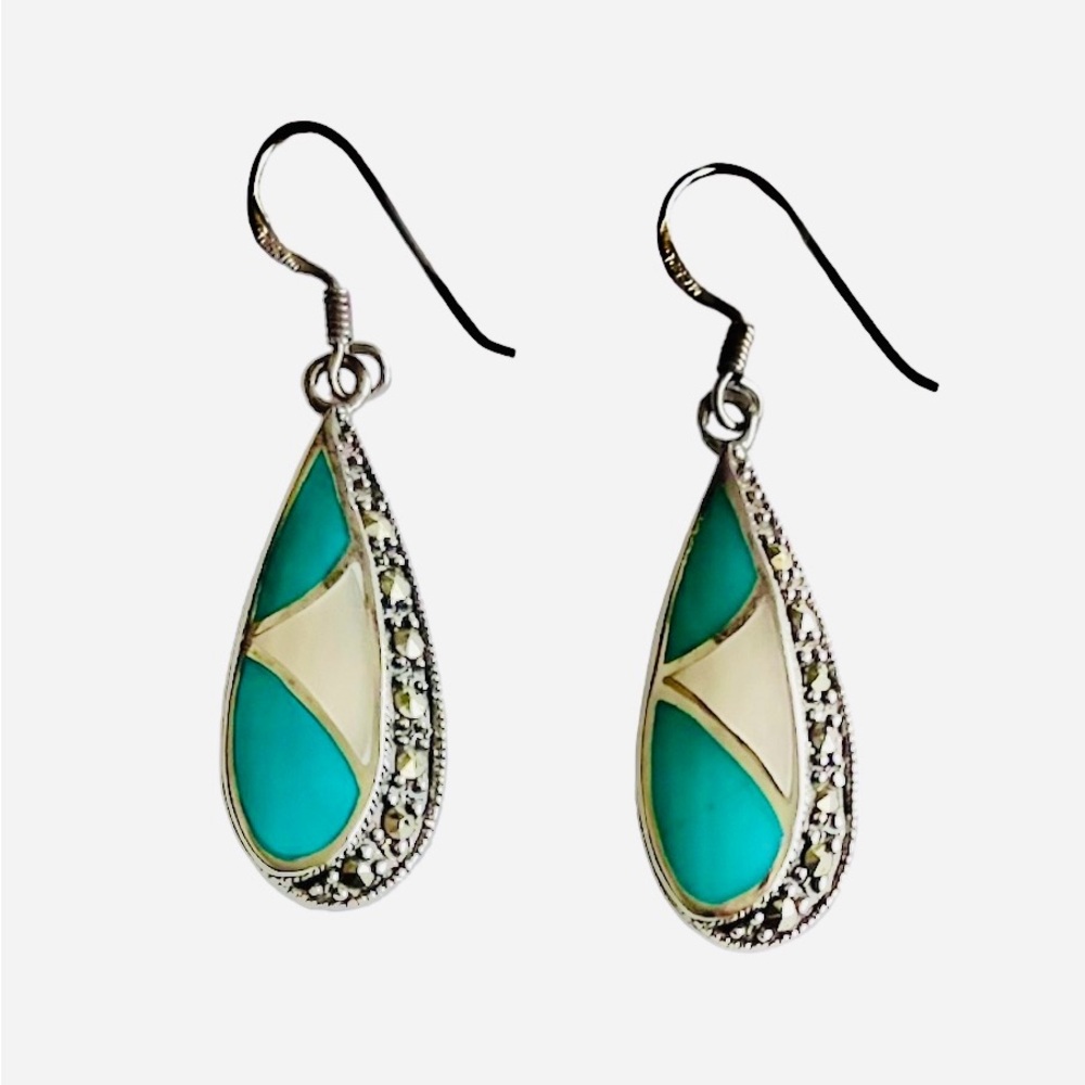 Turquoise Marcasite Pearl Inlay Silver Tear Drop Dangle Earrings. RARE!